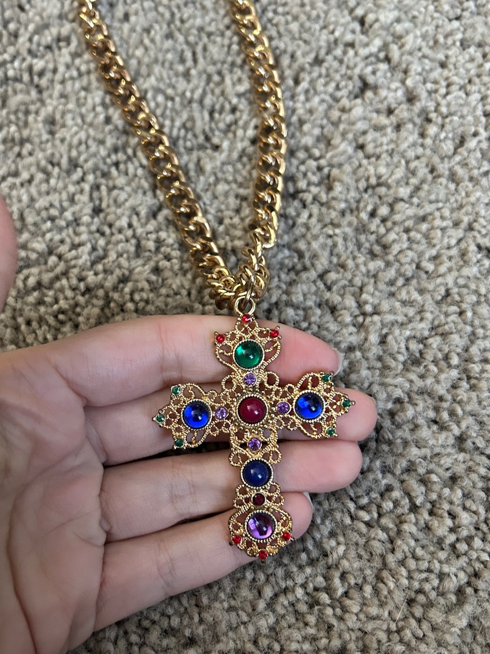 H&M baroque style gold cross necklace with fake gemstones